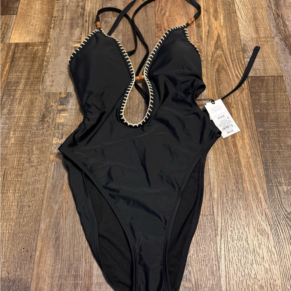 Black and Tan One-Piece Swimsuit with Pearl Beading